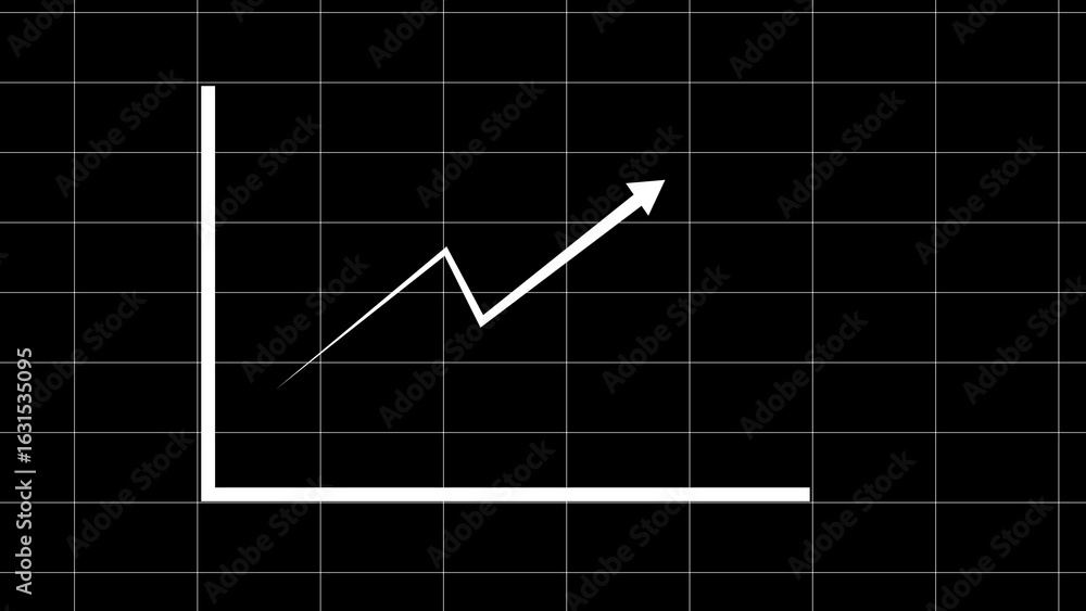 Poster white upward trending line graph with arrow on a black grid background representing growth and succe