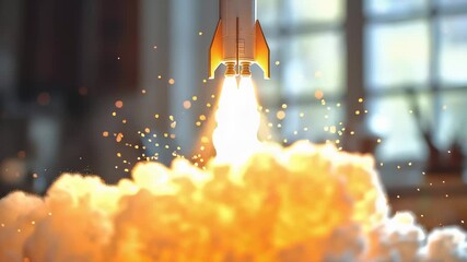 Rocket launching with smoke and fire in a workshop environment
