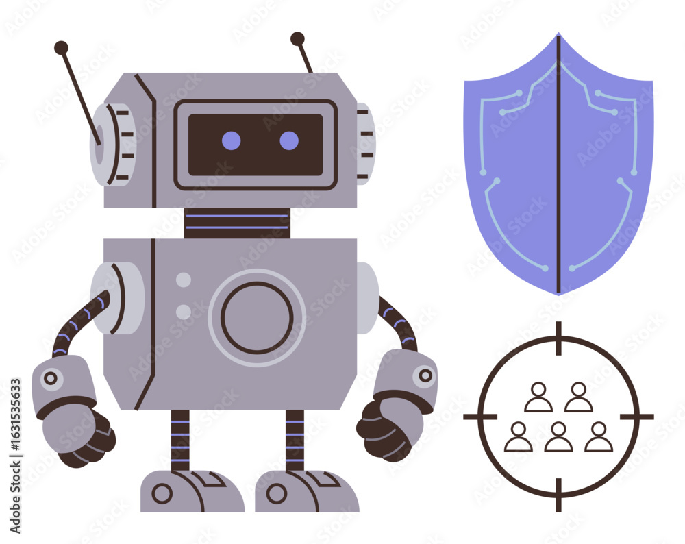 Poster friendly robot with antennae standing beside a shield and group target symbol. ideal for ai, cyberse
