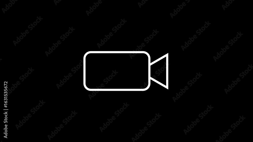 Poster simple white outline of a video camera icon on a solid black background representing recording or me