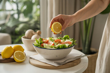 A person squeezing lemon juice onto a fresh salad in a bright, natural setting.