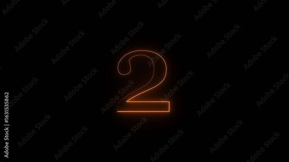 Poster glowing orange number two illuminated in the dark with a bright light source