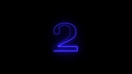 Illuminated blue neon number two glows brightly against a dark black background