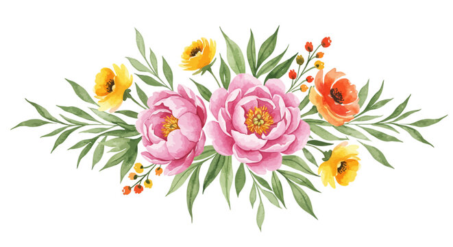 Watercolor floral arrangement with pink peonies, yellow buttercups, and green foliage for elegant design projects