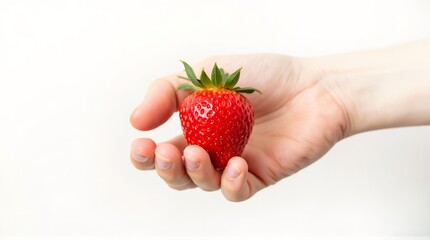 Obraz premium Hand holding a fresh ripe red strawberry with green leaves against a white background in a studio shot