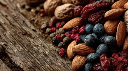 Assorted nuts and berries on rustic wood