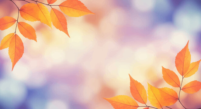Autumn leaves frame a soft bokeh background with warm orange, yellow, and purple hues creating a peaceful backdrop for design