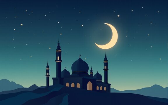 Vector illustration of mawlid al nabi celebration with mosque and crescent moon design. High quality