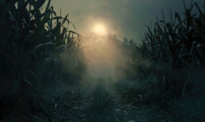 Spooky Halloween night scene landscape, A haunted cornfield background, for running.