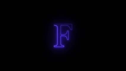 Glows with a vibrant purple neon light in the darkness the letter f