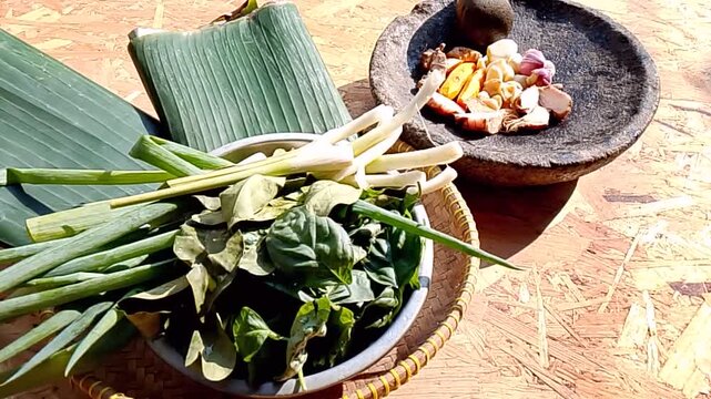 Close-Up Motion Toward Fresh Indonesian Herbs for Traditional Pepes Dish