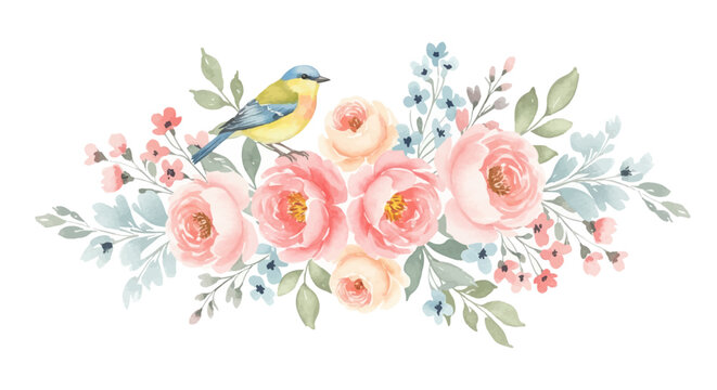 Watercolor floral arrangement with pink roses and a charming bird perched gracefully among the blooms, creating a serene botanical scene