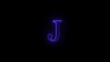 Gothic letter j illuminated with vibrant purple neon light against a stark black background