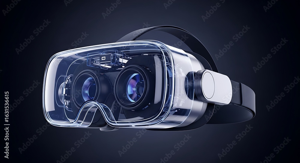 Poster close up of a transparent virtual reality headset showcasing internal components on dark background 