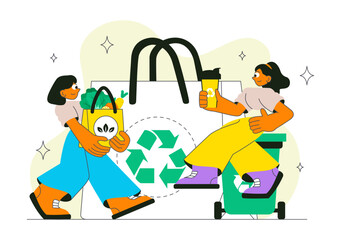 Eco Habit Illustration Featuring People Sorting Waste, Using Eco Bags, and Reusable Cups for Zero Waste and Sustainable Living in a Lifestyle Theme