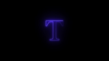 Glowing neon letter t in vibrant purple against a dark black background