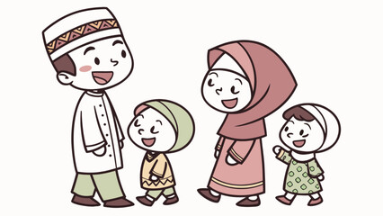 Cartoon muslim family illustration with mother father and children islamic culture and traditions
