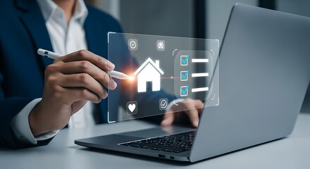 Man in suit interacting with a laptop on real estate interface showing mortgage checklists home buying loans rates and