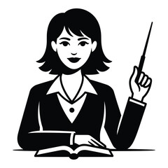 Professional woman teacher or professor giving lecture illustration in black and white holding pointer with book on desk offering knowledge to students