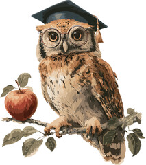 Scholar Owl with Graduation Cap and Apple, Vector Illustration