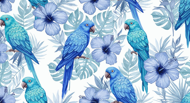 Tropical paradise pattern with blue parrots, hibiscus flowers, and monstera leaves in a watercolor style design