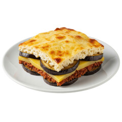Layered Dish with Eggplant Meat Cheese and Golden Crust on a White Plate isolated on Transparent Background