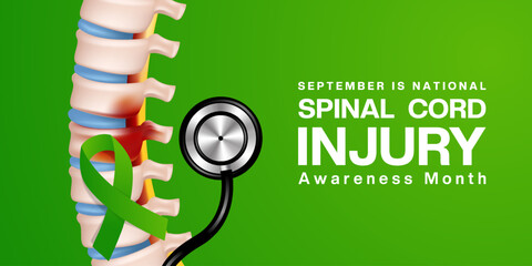 September is National Spinal Cord Injury Awareness Month. Bone, ribbon and stethoscope. Suitable for posters, banners and social media. Green background.