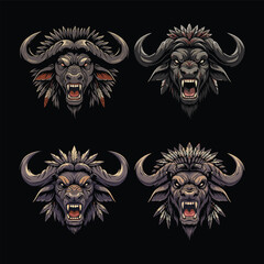 Flat vector of a aggressive buffalo head, animal illustration set