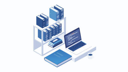Obraz premium Isometric view of a laptop with code on screen near a bookshelf filled with books and a cup of coffee