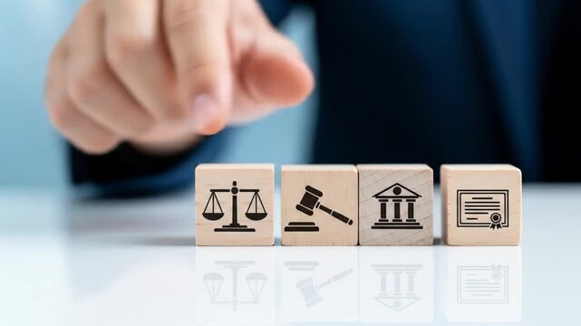 Hand selecting a wooden block with scales of justice symbol, arranged in a row with gavel, courthouse, and certificate icons, representing law and legal concepts