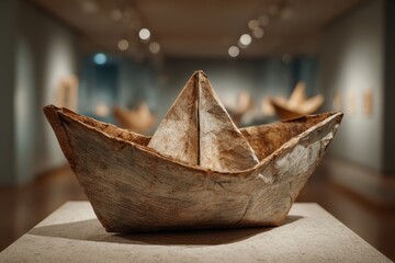 Obraz premium Art Gallery Exhibit Paper Boat Sculpture A Voyage of Imagination and Craftsmanship in Modern Art Museum Explore