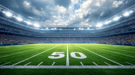 Day Aerial Elevated View of an American Football Stadium With Enthusiastic Fans. Field of a Major Championship Game, viewed from the field level. white yard lines and a prominent '50' yard line