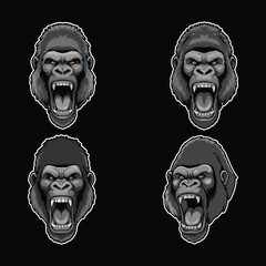 Flat vector of a aggressive gorilla head, animal illustration set