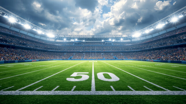 Day Aerial Elevated View of an American Football Stadium With Enthusiastic Fans. Field of a Major Championship Game, viewed from the field level. white yard lines and a prominent '50' yard line