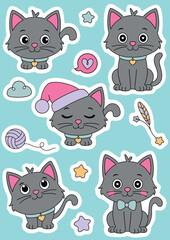 Fototapeta premium Cute Grey Cat Digital Sticker Collection