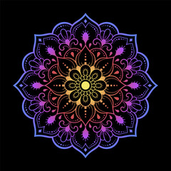 Color circular pattern in form of mandala with flower for decoration or print. Decorative ornament in ethnic oriental style. Rainbow design on black background.