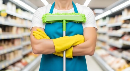 Store Cleaner Ready for Action Woman with Mop in Grocery Aisle Gloves Blue Apron and White T Shirt Prepares for a Deep