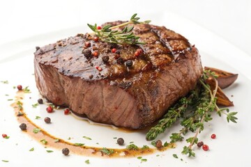 Gourmet beef steak with herbs and spices isolated on transparent background