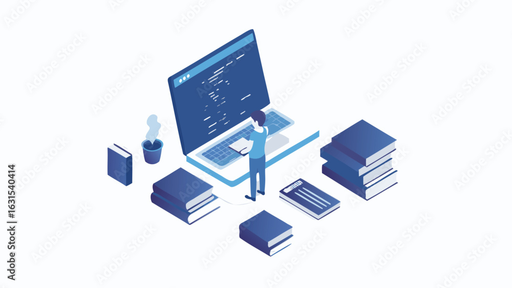 Aufkleber isometric view of a person coding on a laptop surrounded by books and a cup on a white background