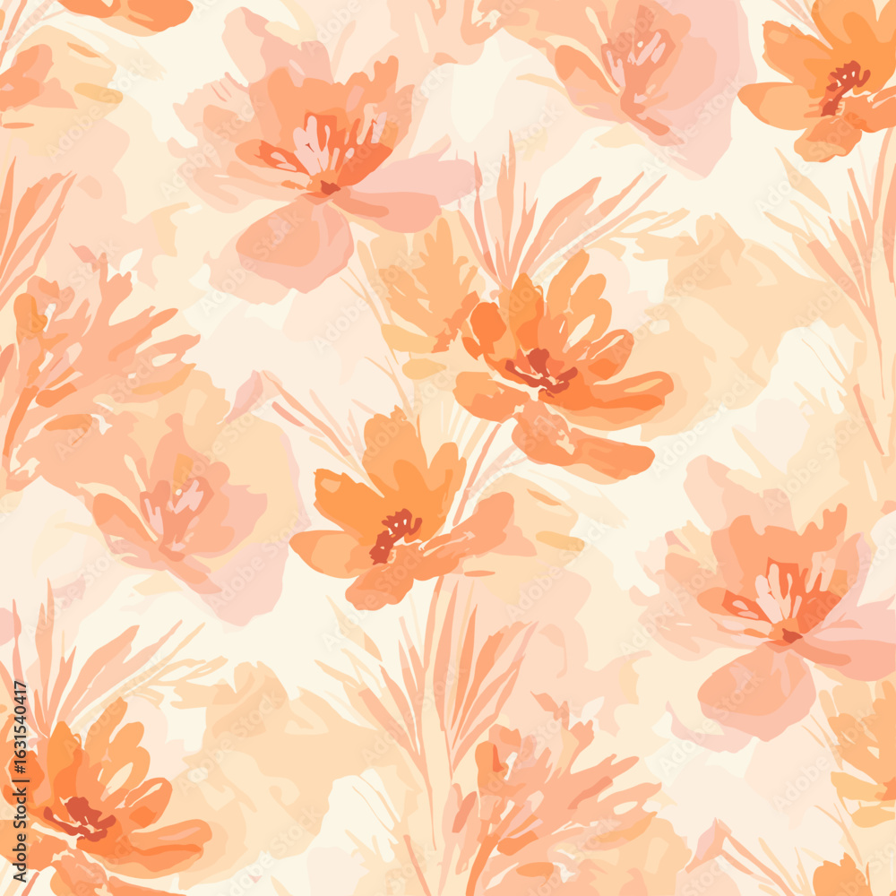 Poster elegant floral pattern with orange watercolor flowers and leaves, creating a soft and calming botani