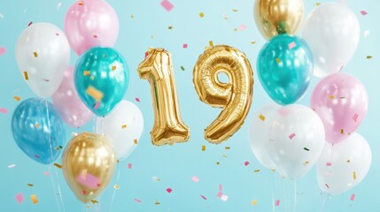 The golden balloons celebrating a joyful 19th birthday with vibrant confetti.
