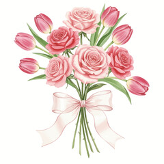 Elegant bouquet with pink roses and tulips tied with a soft ribbon for special occasions and celebrations