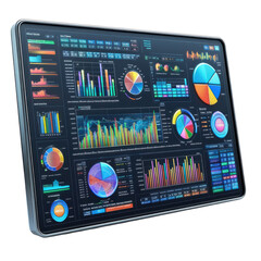 Detailed data visualization on a modern screen, displaying charts, graphs on transparent background