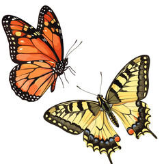 Two beautiful butterflies, one monarch and one tiger swallowtail, fluttering on a white background in illustration