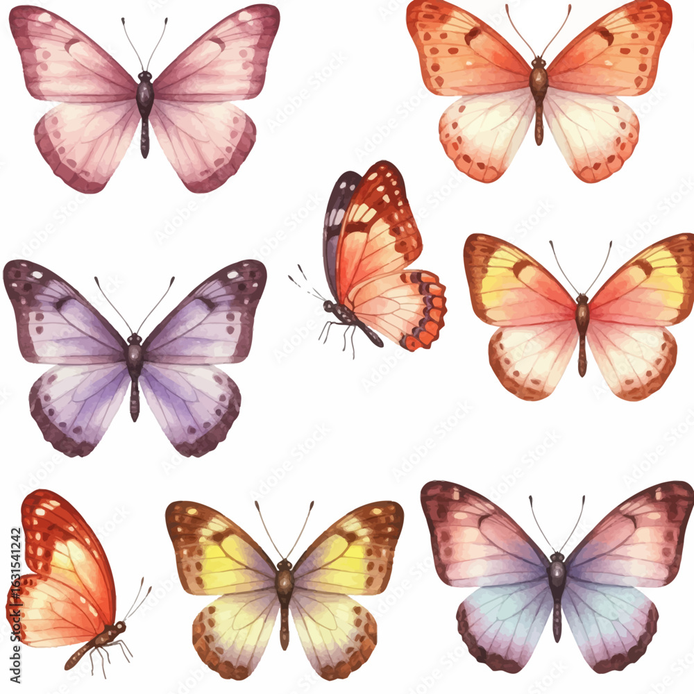 Poster watercolor butterflies collection with assorted wing patterns and vibrant colors isolated on a white