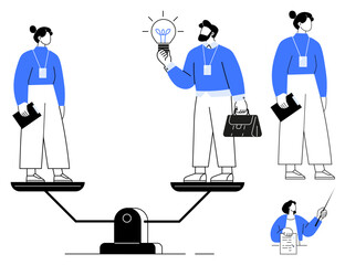 Two people stand balanced on a scale, holding a briefcase and documents, symbolizing ideas and value. Ideal for teamwork, decision-making, equality, business strategy, idea pitching, fairness
