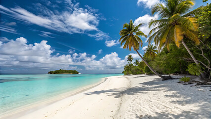 Obraz premium The layout features a wide expanse of white sandy beach stretching across the foreground, meeting the clear turquoise waters of the ocean on the left.