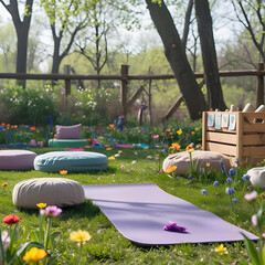 Spring Outdoor Kids Yoga Spot &ndash; A peaceful and playful garden space for children&rsquo;s yoga practice surrounded by blooming flowers, greenery, and natural elements.