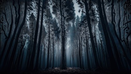 Fototapeta premium Eerie darkness envelops a forest, with towering trees silhouetted against an absence of light