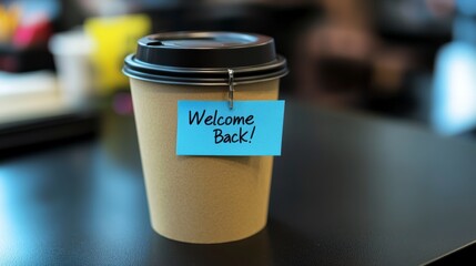 A welcome back message on a disposable coffee cup on a desk.